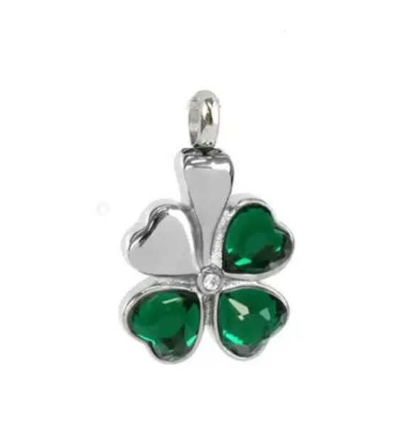 Stainless Steel "Emerald 4-Leaf Clover" Cremation Urn with 24" Steel Ball-Chain Necklace - Urn Jewelry, Ashes Necklace, Mourning Jewelry