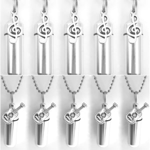 Musical Set of TEN CREMATION URNS with (5) Treble Clefs and (5) Classical Guitars - Ashes Necklace, Memorial Jewelry, Mourning Jewelry