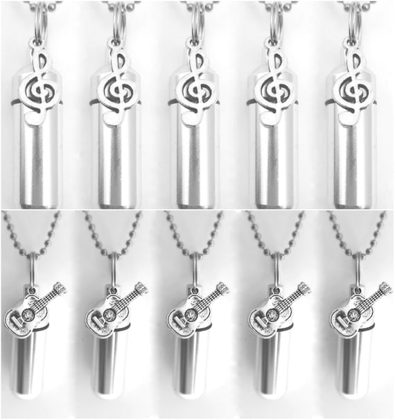 Musical Set of TEN CREMATION URNS with (5) Treble Clefs and (5) Classical Guitars - Includes 10 Pouches, 10 Ball Chains, Fill Kit