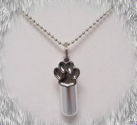 Hematite PAW Pet Cremation Urn on 24" Steel Necklace, with Velvet Pouch & Fill Kit, Memorial Keepsake, Ashes Jewelry, Pet Loss -  ENGRAVABLE