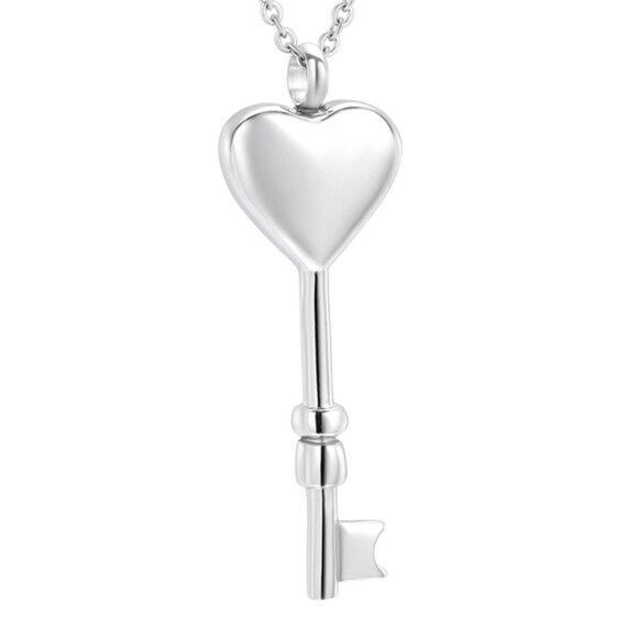 Lovely Stainless Steel "Key To My Heart" Cremation Necklace.  with 24" Silver Curb Chain, Velvet Pouch and FIll Kit