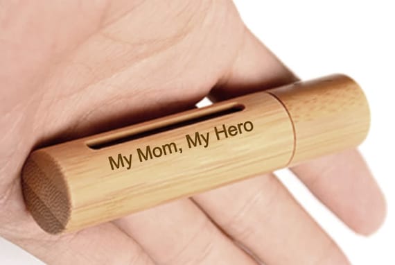 New ENGRAVED "My Mom, My Hero" Sandalwood Cremation Urn / Scattering Tube with Window - Fits Pocket or Purse, TSA Compliant - Loss of Mother