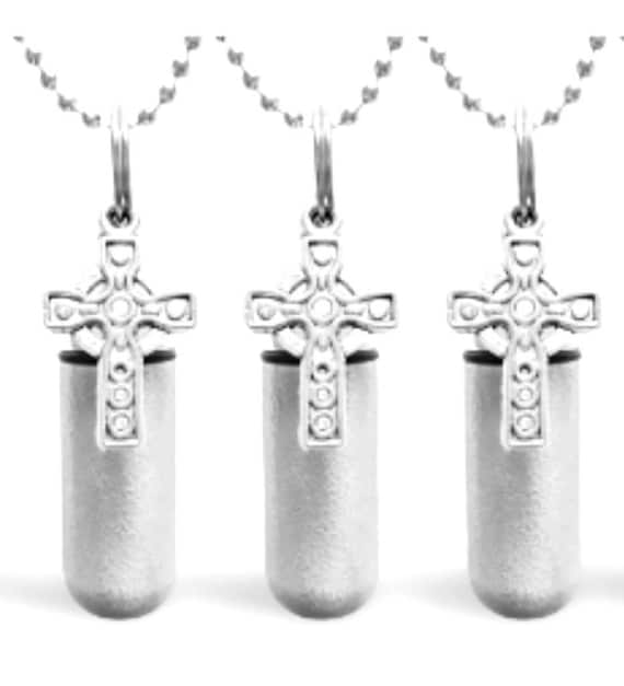 THREE Brushed Silver Anointing Oil Holders with Celtic Crosses - Plus 3 Velvet Pouches, 3  Ball Chain Necklace