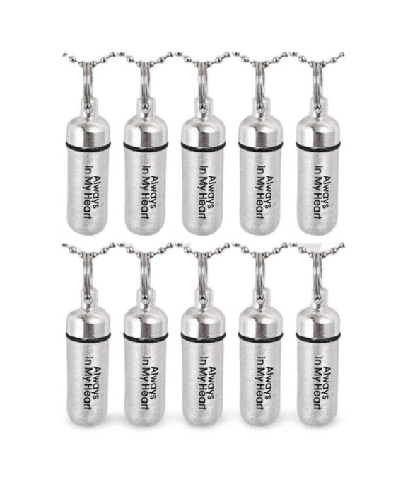 TEN Brushed Silver Cremation Urn Necklaces - ENGRAVED: "Always In My Heart" -  Memorial Keepsakes