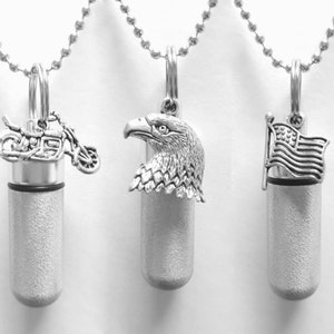 Set Of Three Brushed Silver Cremation Urn Necklaces with Motorcycle, Bald Eagle, & US Flag - Memorial Jewelry, Urn For Human Ashes