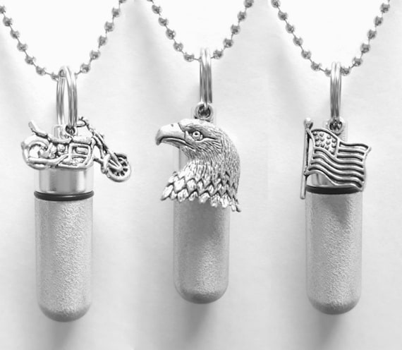 Set Of Three Brushed Silver Cremation Urn Necklaces with Motorcycle, Bald Eagle, & US Flag - Memorial Jewelry, Urn For Human Ashes