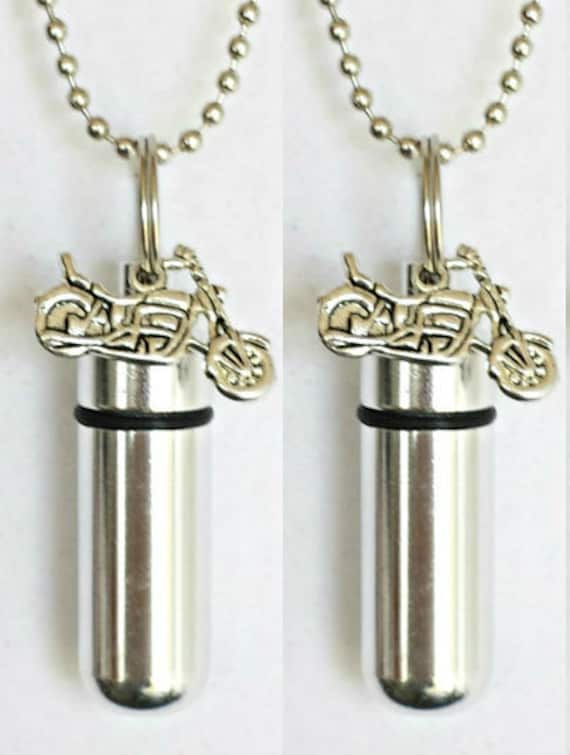 Pair of Silver MOTORCYCLE CREMATION URN Necklaces with Laser Engraved American Flags - Mourning Jewelry, Urn Necklace, Pet Urn, Ashes Urn