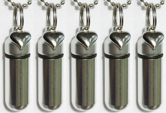 Set of FIVE Silver Heart Anointing Oil Holder Necklaces with 5 Velvet Pouches - Custom Engravable