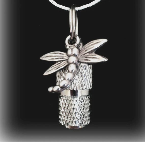 Miniature Silver Faceted Cremation Urn on 24" Ball Chain with Dragonfly, Mourning Jewelry, Child Urn, Pet Ashes, Urn Keepsake. Urn Necklace