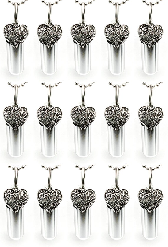 Set of 15 "Mom Love Heart" Cremation Urn Necklaces on 24" Ball Chains - Memorial Jewelry, Urn for Ashes, Personalized Urn, Ashes Keepsake