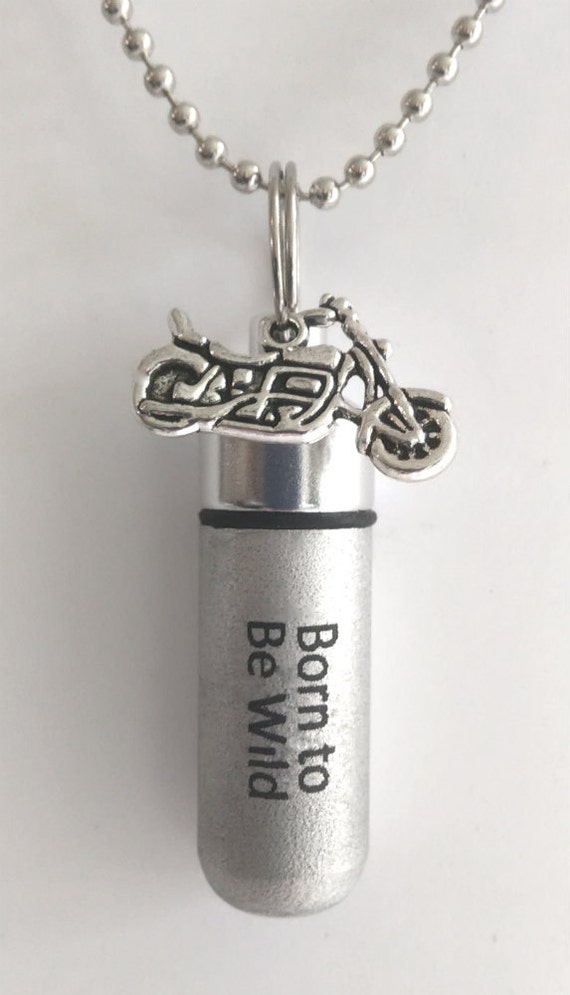 ENGRAVED Brushed Silver Cremation Urn Necklaces "Born To Be Wild" with Motorcycle - with Velvet Pouches, Ball-Chains & Fill Kit