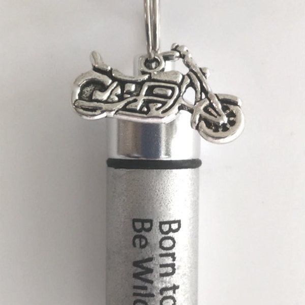 ENGRAVED Brushed Silver Cremation Urn Necklaces "Born To Be Wild" with Motorcycle - with Velvet Pouches, Ball-Chains & Fill Kit