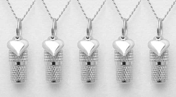 Beautiful Faceted Set of FIVE Mini Cremation Urns on Ball Chain Necklaces w/Silver Hearts - Hand Assembled with 5 Velvet Pouches & Fill Kit