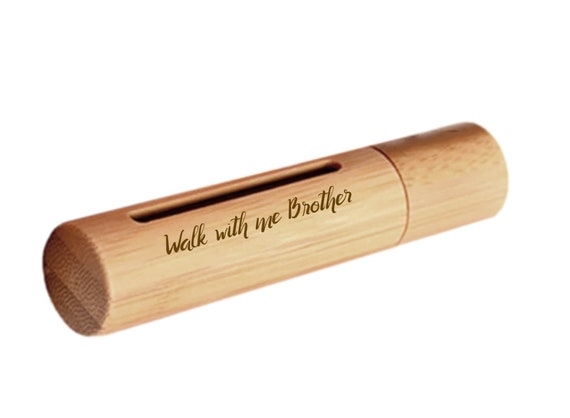 New ENGRAVED "Walk with me Brother" Sandalwood Cremation Urn / Scattering Tube with Window - Fits Pocket or Purse, TSA Compliant