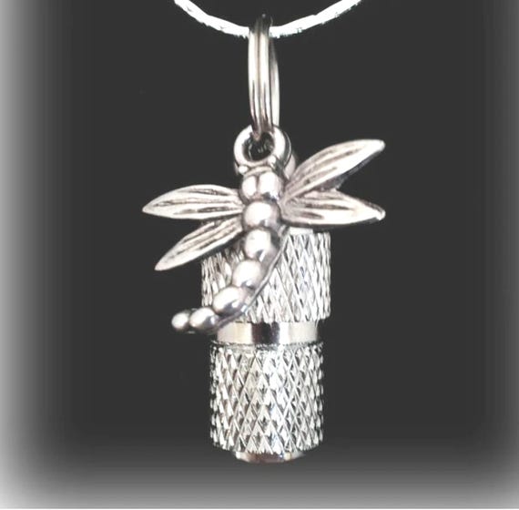 Miniature Silver Faceted Cremation Urn on 24" Ball Chain with Dragonfly, Mourning Jewelry, Child Urn, Pet Ashes, Urn Keepsake. Urn Necklace
