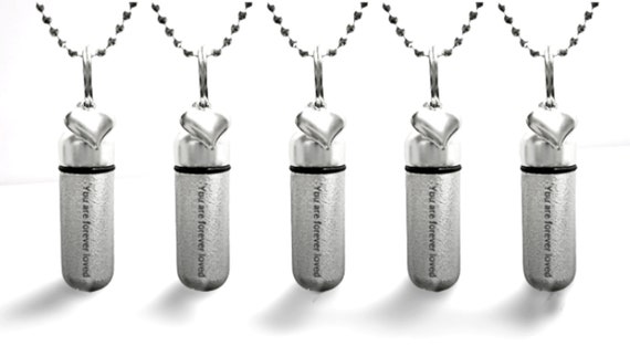 Set of FIVE Engraved Brushed Silver CREMATION URN Necklaces "You are forever loved" with Heart Charm - Memorial Jewelry, Ashes Necklace