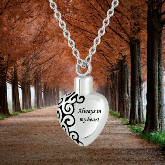 Stainless Steel "Always In My Heart" Cremation Urn on 24" Ball-Chain Necklace - with Velvet Pouch and Fill Kit