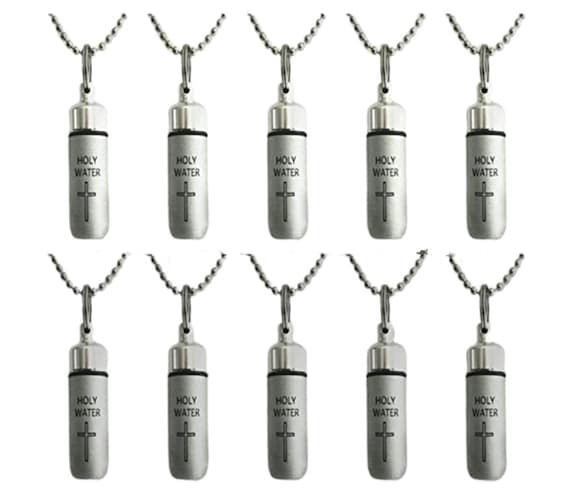 Set of Ten Brushed Silver ENGRAVED HOLY WATER Bottle/Holder/Urn Necklaces / Keychain - Baptism, Communion, Confirmation, Sacred Gift