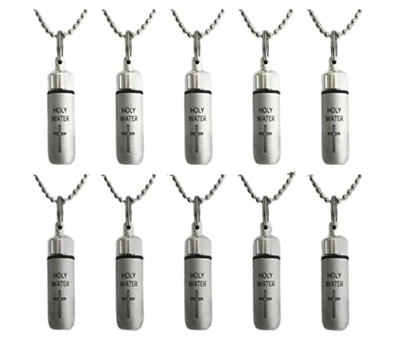 Set Of 10 Brushed Silver ENGRAVED HOLY WATER Bottle/Holder/Urn Necklaces/Keychain, With 10 Pouches, 10 Ball Chains, & Fill Kit