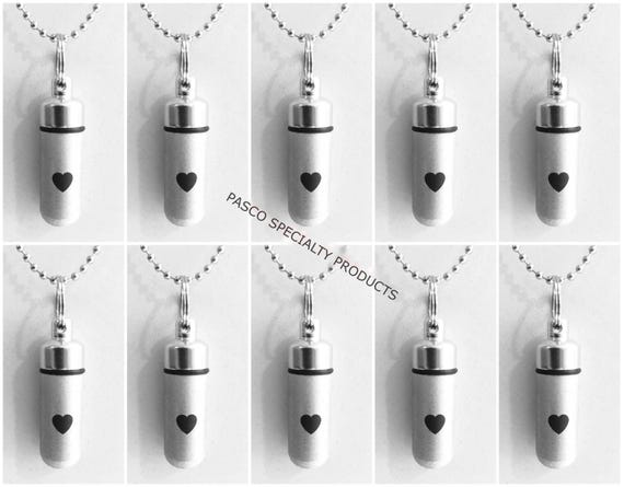 Set of TEN Brushed Silver CREMATION URN Necklaces w/Simple Engraved Hearts -  Memorial Jewelry, Mourning Jewelry, Pet Ashes