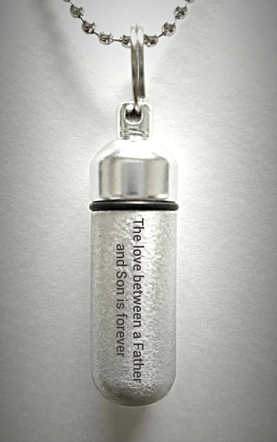 Engraved  "The Love Between A Father and Son Is Forever" Brushed Silver CREMATION URN Necklace with Velvet Pouch and Fill Kit