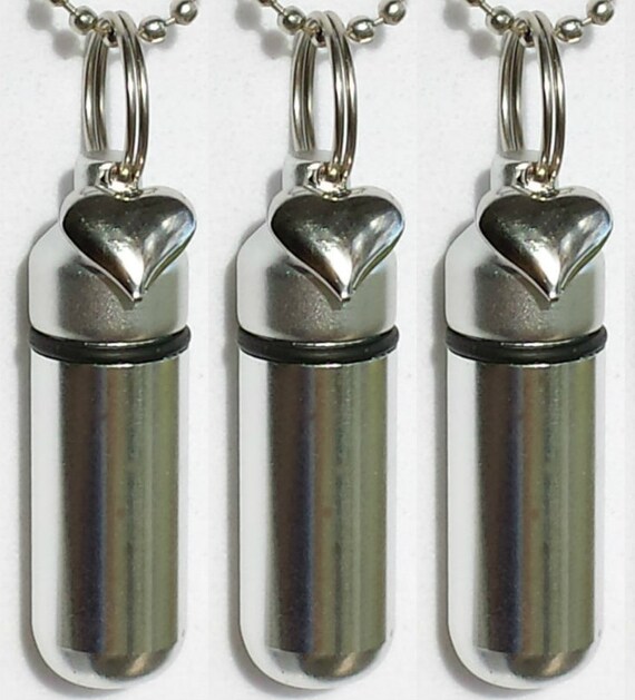 Set of THREE Silver Heart ANOINTING OIL Holders with 3 Velvet Pouches, 3 Steel Ball-Chain Necklaces