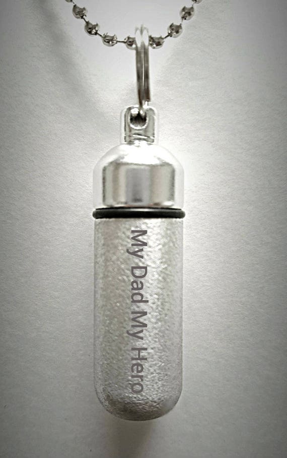 Engraved  "My Dad My Hero" Brushed Silver CREMATION URN Necklace -  Hand Crafted - with Velvet Pouch and Fill Kit