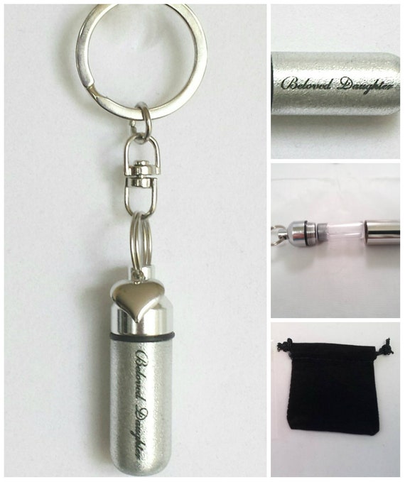 Engraved "Beloved Daughter" with Heart  - Cremation Urn Swivel Keychain - Hand Assembled.... with Velvet Pouch and Fill Kit