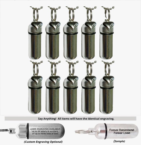 TEN Silver Cremation Urn Necklaces w/Silver Puffed Hearts, Pet Loss, Child Loss, Sympathy Gift