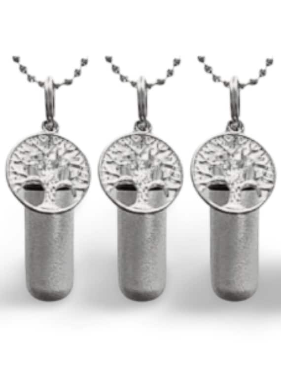 Set of THREE Brushed Silver Tree-Of-Life CREMATION URN Necklaces with Laser Engraved Hearts! Urn Necklace, Ashes Jewelry, Mourning Keepsake.