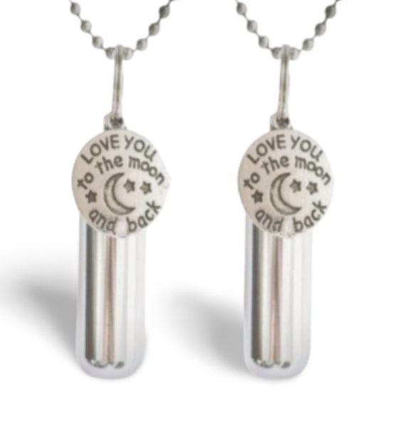 Set of TWO "I Love You To The Moon & Back" Cremation Urns on 24" Ball Chain Necklaces - Memorial Urn, Ashes Necklace, Pet Urn, Child Urn