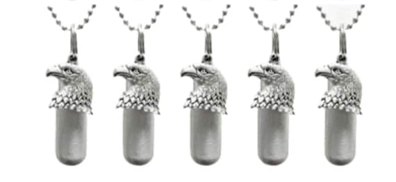 Set of 5 Brushed Silver CREMATION URN Necklaces with Bald Eagle & Engraved US Flag, Memorial Jewelry, Urn Keepsake, Ashes Jewelry, Urn Set