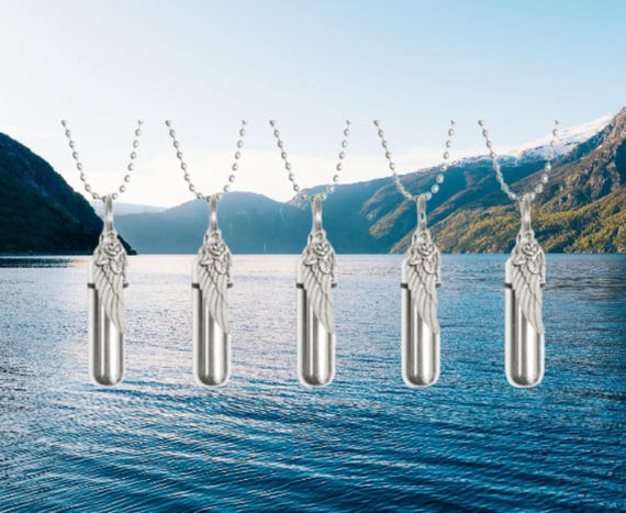 Set of FIVE "Wing with Rose" Polished ANOINTING OIL Holders with 5 Velvet Pouches, 5 Steel Ball-Chain Necklaces - Baptism, Healing, Prayers