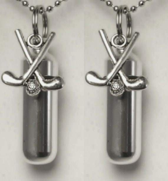 Set of TWO Silver CREMATION URN Necklace Keepsakes with Golf Clubs - Ashes Necklace, Mourning Jewelry, Mourning Keepsake, Personalized Urn