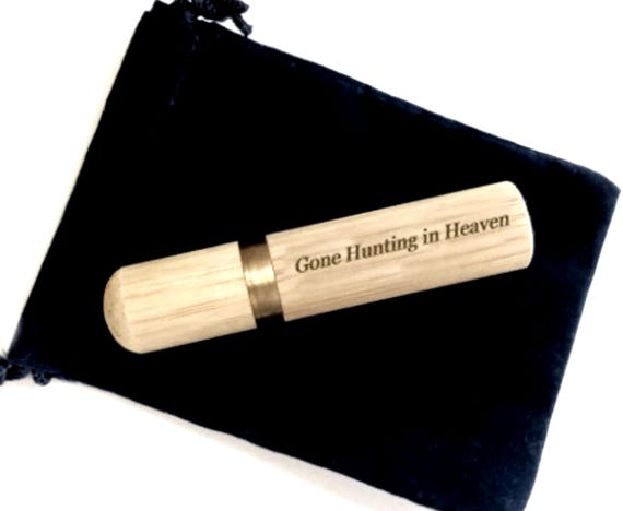 Engraved "Gone Hunting in Heaven" Natural Sandalwood Cremation Urn / Scattering Tube, Fits in Pocket/Purse, Very secure,  TSA Compliant