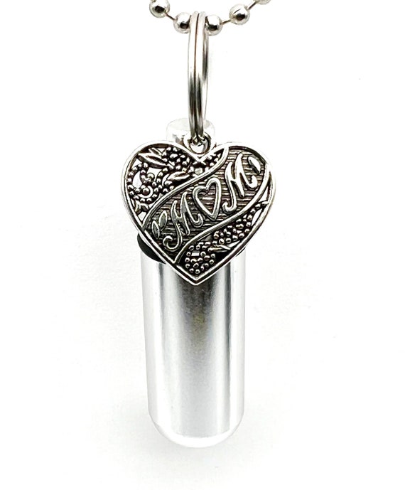 Lovely MOM LOVE HEART Cremation Urn on 24" Steel Ball Chain Necklace - Hand Assembled, Includes Velvet Pouch and Fill Kit