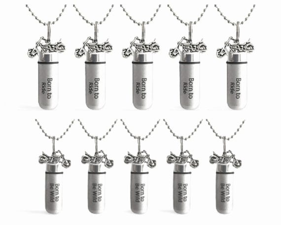 TEN ENGRAVED Brushed Silver Cremation Urn Necklaces with Motorcycles - (5) "Born To Be Wild" & (5) "Born To Ride"