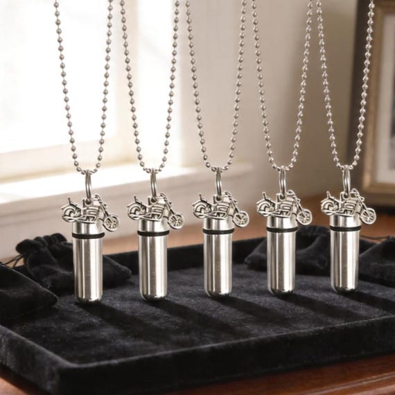 ENGRAVING INCLUDED!  Set of FIVE Silver Motorcycle Cremation Urn Necklaces with Velvet Pouches - Memorial Jewelry, Ashes Keepsakes