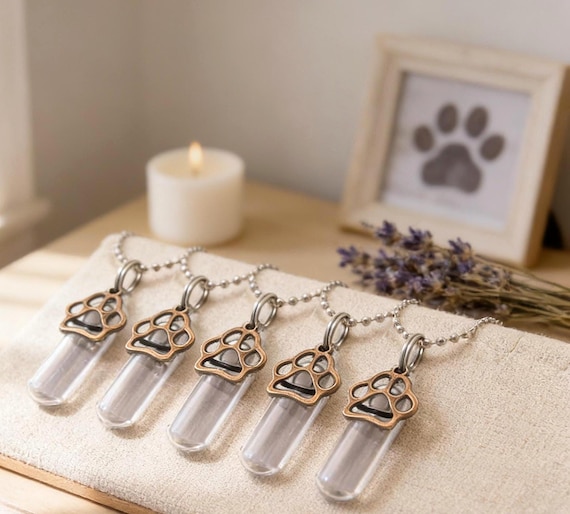 Set of FIVE CREMATION NECKLACES With 5 Gold Pet Paws - Pet Loss, Memorial Jewelry, Personalized Urn!