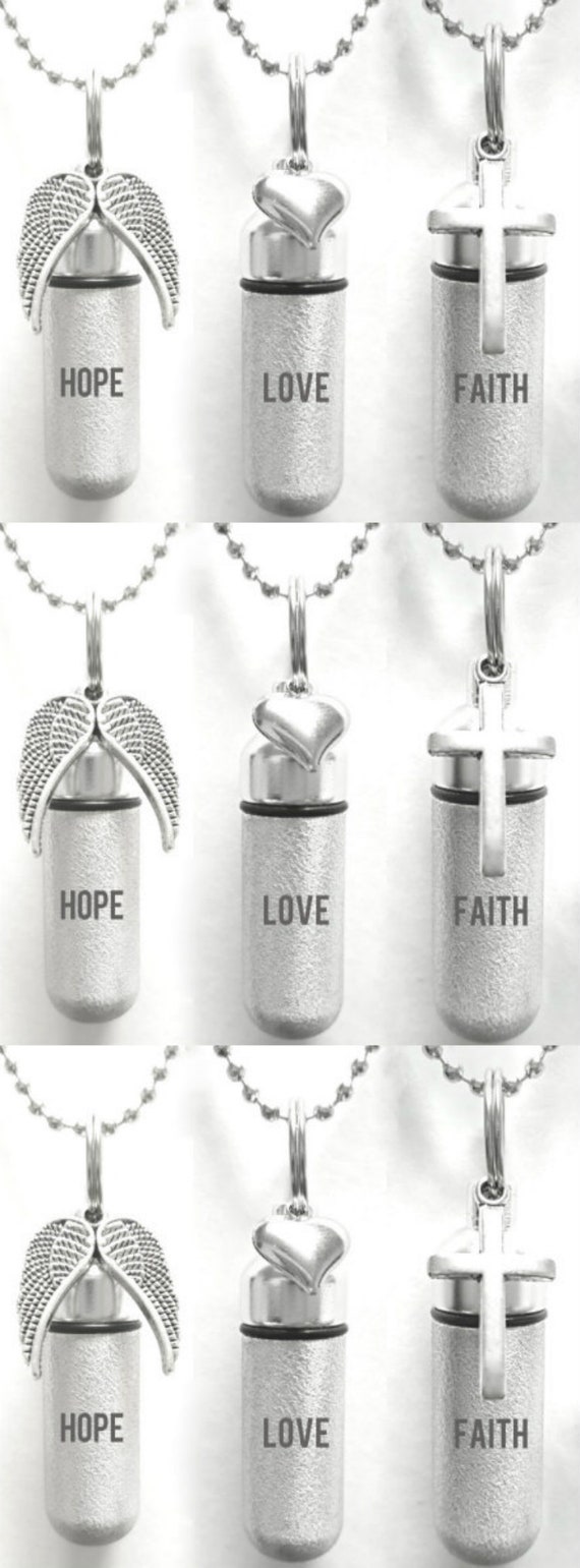 Set of NINE Engraved Hope/Love/Faith Brushed Silver Cremation URNS - with Wings, Hearts, Crosses - Includes 24" Ball Chains & Velvet Pouches