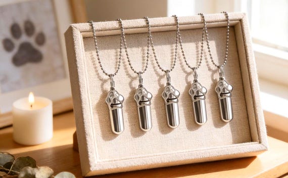 Five Pet Cremation Urn Necklaces with Silver Dog/Cat Paws, Pet Urn, Dog Urn