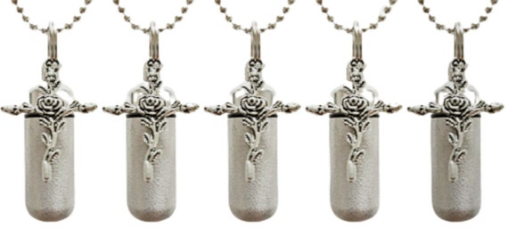Family Set of FIVE Brushed Silver Anointing Oil Holders with Rose Crosses - Includes 5 Pouches, 5 Ball Chain Necklaces
