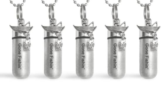 FIVE Brushed Silver Cremation Urn Necklaces with Laser Engraved  GONE FISHIN'  Fisherman in Boat, Urn for Human Ashes, Urn Necklace for Men