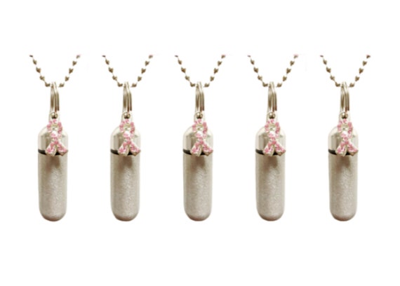 Set of Five Brushed Silver CREMATION URN NECKLACES Breast Cancer Awareness w/Rhinestones - Urn Jewelry, Ashes Keepsake, Mourning Jewelry