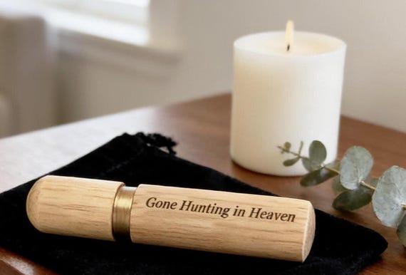 Engraved Cremation Urn: Gone Hunting in Heaven (Natural Sandalwood, TSA Compliant)