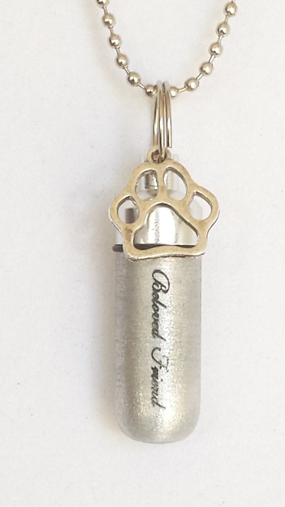 Engraved "Beloved Friend with Brass PAW" Cremation Urn Necklace, Pet Urn, Dog Urn, Cat Urn - with Velvet Pouch & Fill Kit