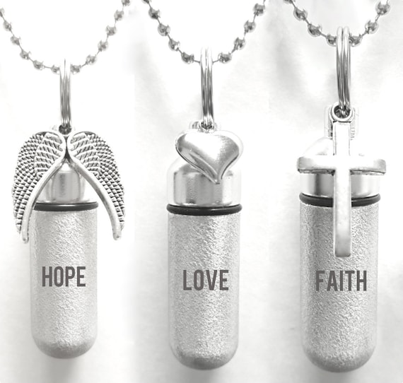 Set of Three Engraved Hope/Love/Faith Brushed Silver CREMATION URN Necklaces - with Wings, Hearts, Crosses, 24" Ball Chains & Velvet Pouches