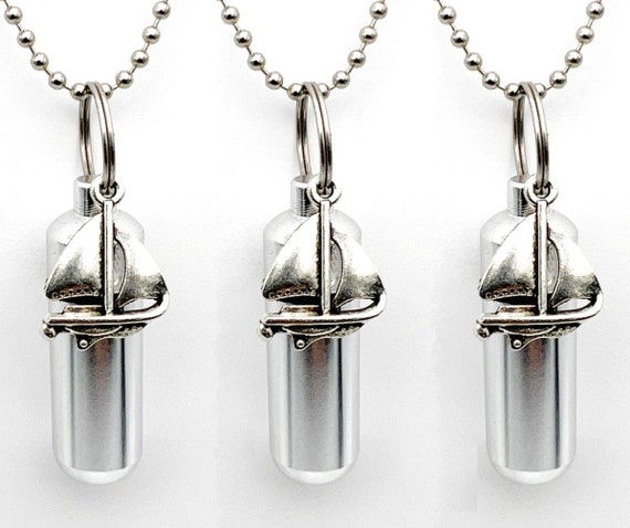 Set of THREE Silver Sailboat Cremation Urns on 24" Ball Chain Necklaces - Urn Jewelry, Ashes Necklace, Mourning Keepsake, Personalized Urn