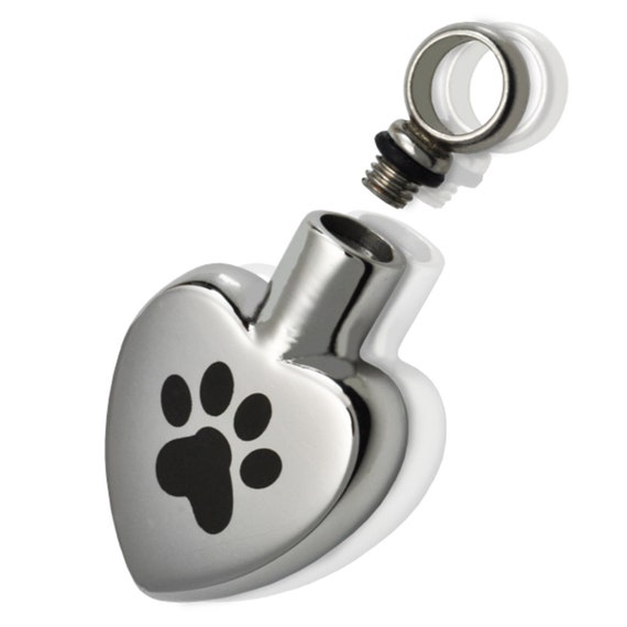Stainless Steel Heart Cremation Urn with Laser Engraved PAW  on 24" Ball Chain Necklace - Pet Loss, Pet Memorial, Dog Paw, Pet Cremation