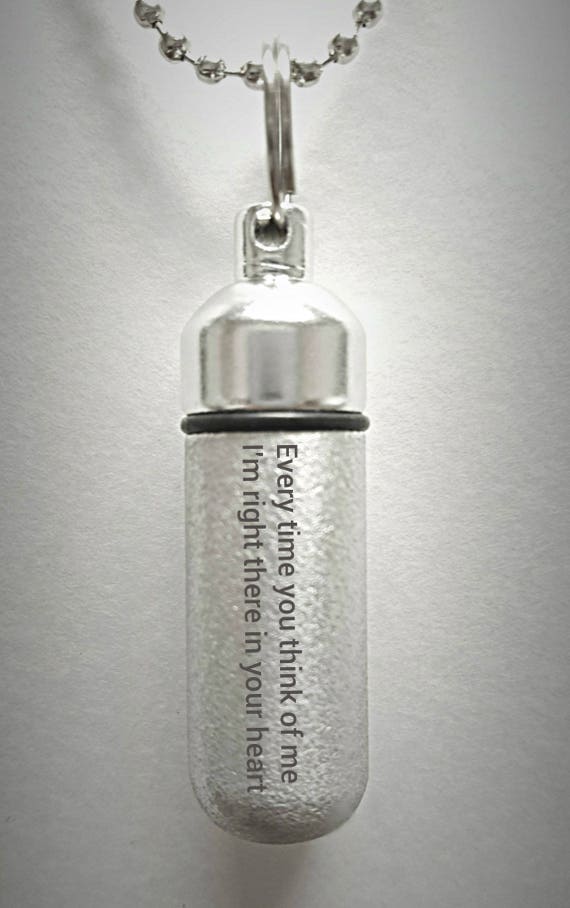 Engraved Brushed Silver CREMATION URN  "Every time you think of me I'm right there in your heart"  Necklace with Velvet Pouch and Fill Kit